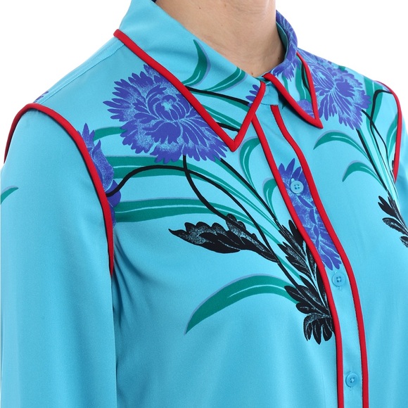 Diane Von Furstenberg Contrasting Piping Floral Silk Shirt Farren Marine Size 8 - Picture 4 of 14